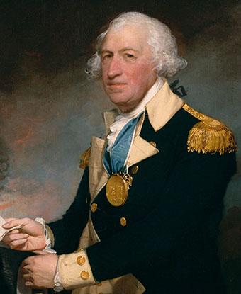 Half length color portrait of Horatio Gates in military uniform, wearing a gold medal