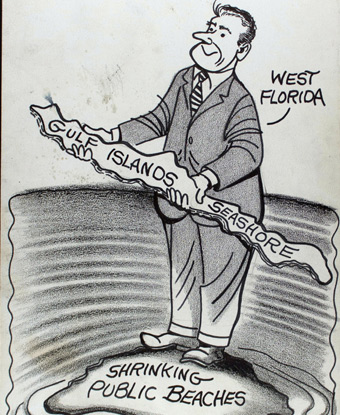 Black pencil editorial cartoon with a man standing on an island while holding another.