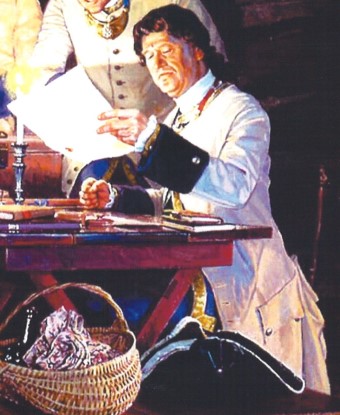 An illustration of a French officer reading a letter
