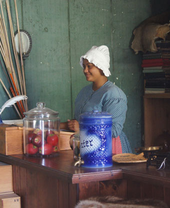 woman in blue dress and bonnet behind counter