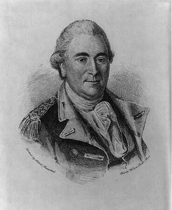 Black and white etching of Anthony Wayne, head and shoulders
