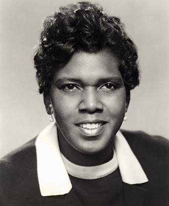 Black and white head and shoulders portrait of Barbara Jordan