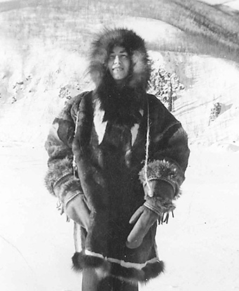 Mildred Hendricks in winter, dressed in fur clothing
