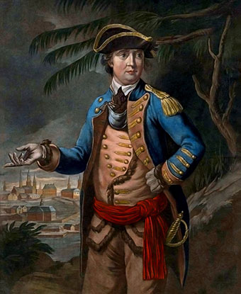 A man in a Continental Soldier&#39;s uniform.