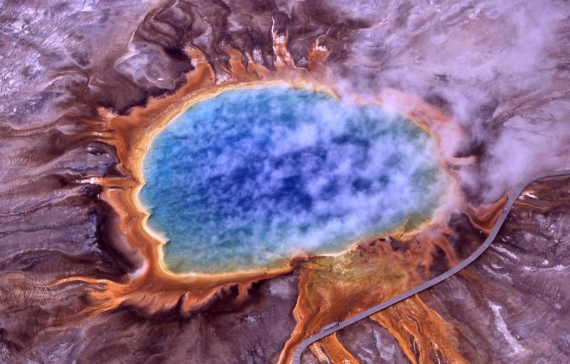 Aerial view of Grand Prismatic Spring; Hot Springs, Midway and Lower Geyser Basin; July 2001; Accession No. 17708
