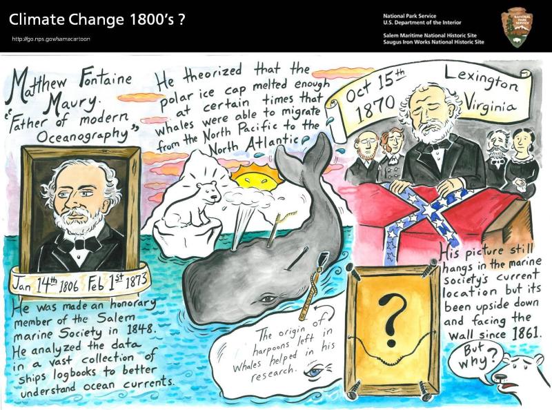 Framed view of a distinguished older gentleman. View of the frame turned around. Harpooned whales swim amongst icebergs.