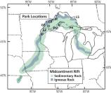 Map of the Midcontinent Rift. Sedimentary rocks are identified by green and igneous by blue