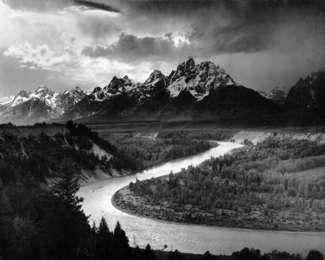 Ansel Adams iconic image of the Snake River in the foreground and the central Teton Range in the background.