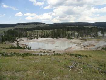 A view down at the expansive Mud Geyser area