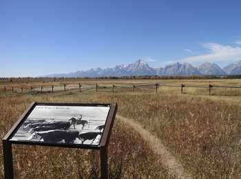 Elk Ranch flats wayside with field of dry grass and rail fence with the Teton Range in the distance.