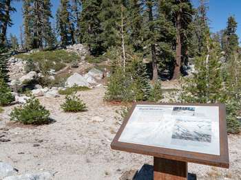 A wayside exhibit stands next to a small hillside scattered with different sized boulders.