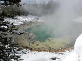 A turquoise hot spring steaming and surrounded by snow and snow-covered trees