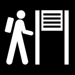 A black and white icon of a person in a backpack reading a sign of some kind.