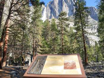 A wayside exhibit with a bronze tactile relief section stands along a path. A tall waterfall can be seen above the treeline.