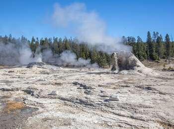 Steam rises from dry-looking travertine formations in front of trees