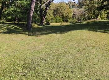 Long, u-shaped depression made by Oregon Trail traffic are seen in large grass field that is bordered by trees