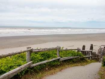 A trail with a wooden railing and beach view beyond.