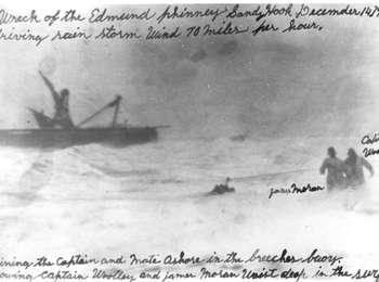 The wreck of the Edmund Phinney in driving rain is captured in a blurry black and white photograph with handwritten notes.