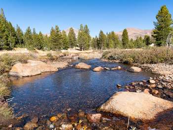 A stream snakes through a meadow. Pebbles, rocks, and boulders line the bottom and outskirts of the shallow stream. Two mountain peaks rise up above treeline.