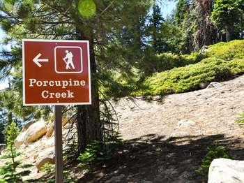 A brown and white roadside sign reads, "Porcupine Creek," and has an icon of a hiker and an arrow pointing left.