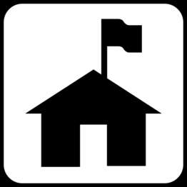A black and white symbol of a building with a flag.