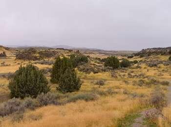 Junipers, sagebrush, dried grass, and dark rock outcroppings stretch for as far as the eye can see.
