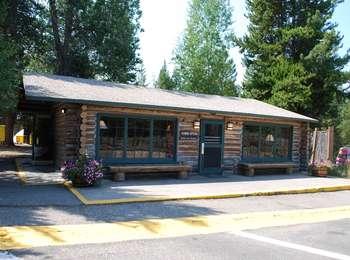 Brown log cabin with green trim is the office for Colter Bay Cabins. A flower planter is out front and conifer trees tower above.