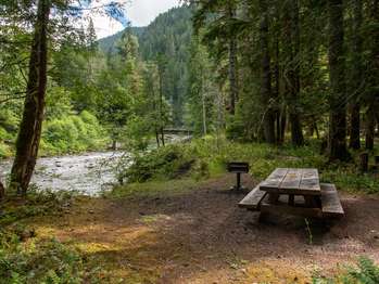 A picnic table in the forest with a view of a river and bridge.