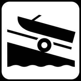 A black and white symbol of a boat on a ramp.