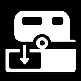 A black and white symbol of an RV dumping waste.