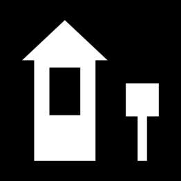 Black and white symbol for entrance station with a narrow booth and a sign.