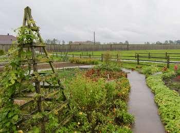 Fort Vancouver's vegetable and flower garden with the reconstructed fort in the background