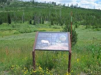 View of forest mosaic and wet meadows at the Huck Fire turnout with the wayside in the foreground