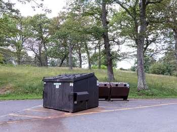 A color photograph of a metal trash dumpster and brown metal recycling bins on the side of a road.