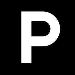 A black square with a white letter 
