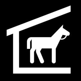 Black and white symbol for stock corral with a horse in a partially covered structure.