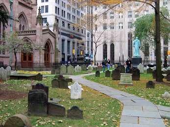 Slate paths wind through this cemetery in Lower Manhattan, the final resting place of Alexander Hamilton.