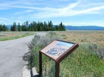 Looking past the Pothole Wayside sign toward a stand of conifer trees surrounded by sagebrush