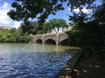A short bridge crosses over water entering the Tidal Basin