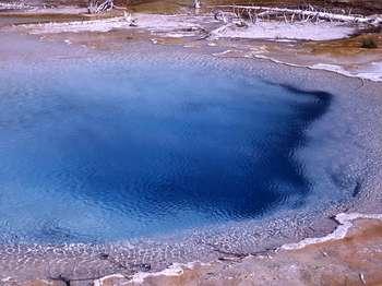 Steam rises about the white and deep blue waters of Celestine Pool.