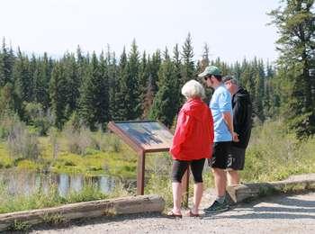 Three visitors at the Sawmill Ponds Overlook reading the wayside. The pond is below and spruce trees around the edge.