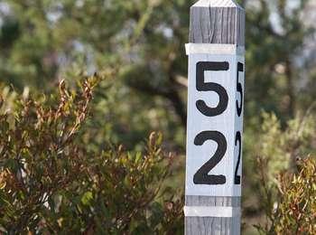 Close-up of the wooden post marked