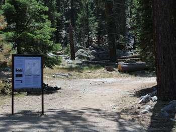 A trail orientation sign is on the side of a broad dirt path in front of fir trees