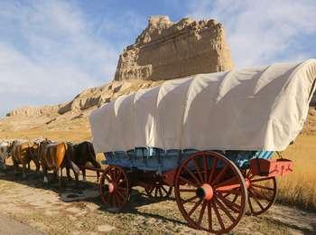 Six painted ox sculptures hooked to a replica of a historic wagon against a back drop of grass, blue skies, and a towering, grey natural rock formation