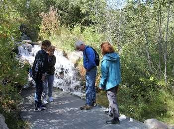 Four visitors standing on metal grate walkway with waterfall behind them cascading underneath the grate.