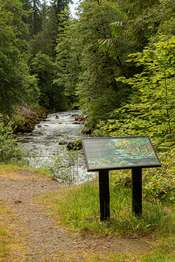 An upright wayside sign and a view of a river.