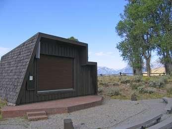 Closeup of Gros Ventre amphitheater stage with cottonwoods and sagebrush.