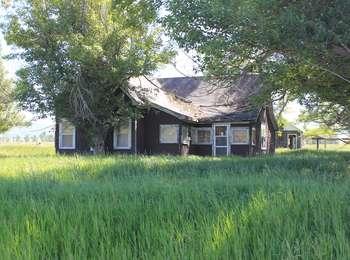 Homestead house for Thomas Perry. Brown siding with white trim, a shingle roof and boarded up windows. Surrounded by grass with a cottonwood tree overhead.