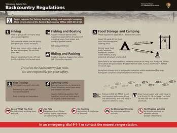 Trailhead sign of important park regulations and safety information.