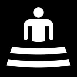 Black and white symbol for amphitheater with the figure of a person at the front and bench seating facing them.